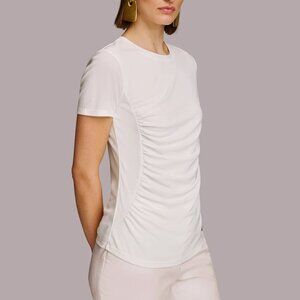 NEW Donna Karan CREW NECK RUCHED White TEE, Small